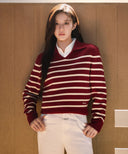 W STRIPE POLO KNIT IN BURGUNDY image 1