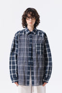 MIXED CHECK OVER FIT SHIRT IN NAVY image 7