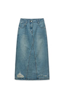 DAMAGE POINT LONG DENIM SKIRT IN BLUE image 1