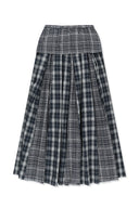 MIXED CHECK SLEEVE TIE FLARE SKIRT IN NAVY image 2