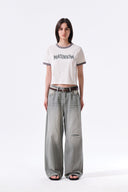 BACK LOGO WASHED DENIM PANTS IN KHAKI image 7