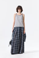 MIXED CHECK SLEEVE TIE FLARE SKIRT IN NAVY image 9