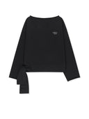 BACK LOGO RAW CUT BOAT NECK TOP IN BLACK