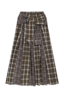 MIXED CHECK SLEEVE TIE FLARE SKIRT IN BROWN image 1