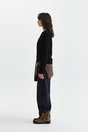 CASHMERE BLENDED CUTLINE ROUND CARDIGAN IN BLACK