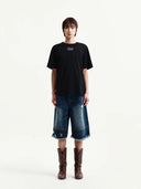DESTROYED BERMUDA DENIM PANTS FOR MEN IN NAVY