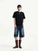 DESTROYED BERMUDA DENIM PANTS FOR MEN IN NAVY