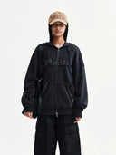 RAW CUT APPLIQUE HOODY ZIP UP IN CHARCOAL GREY